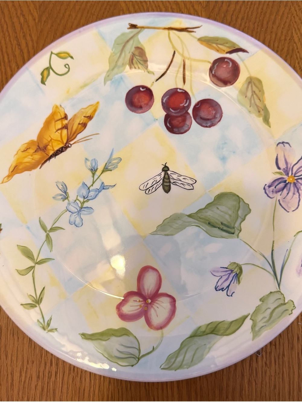 Hand-Painted Floral Ceramic Dinner Plate in Yellow & Pastel